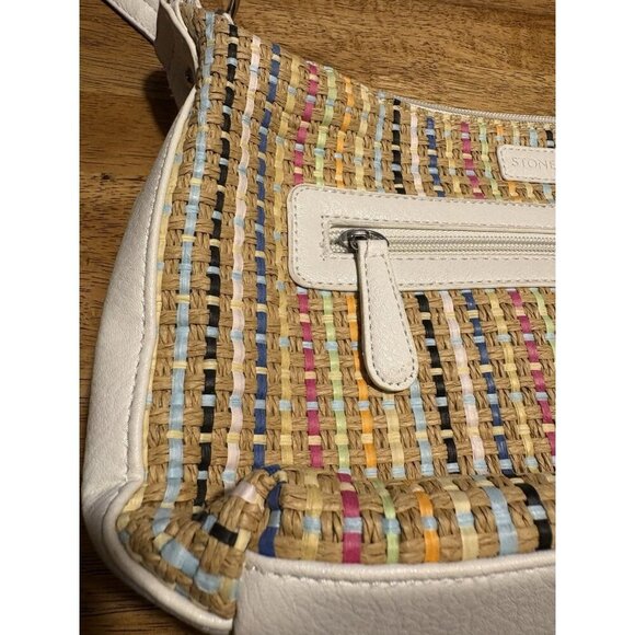 STONE & CO. Shoulder Bag White Faux Leather Multicolor Woven Straw Purse Boho - Picture 10 of 16